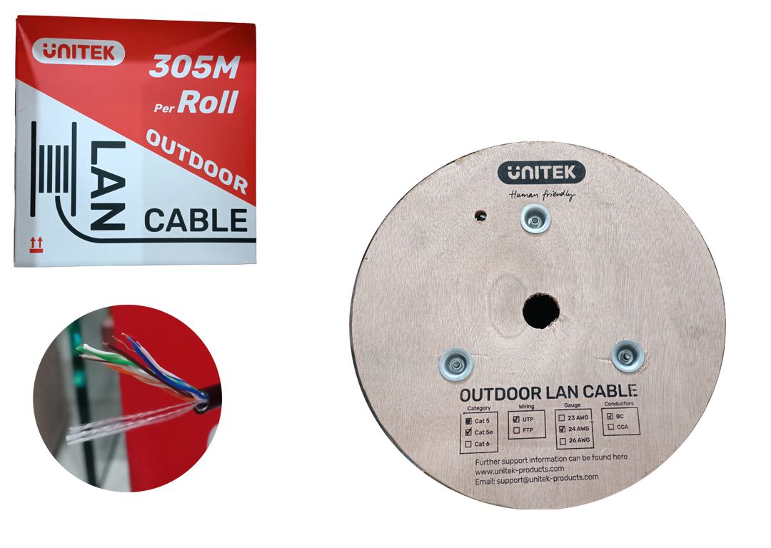 CABLE MẠNG (305M) UTP 5E Đồng nguyên chất UNITEK C18138GY (Màu Đen) Ngoài Trời